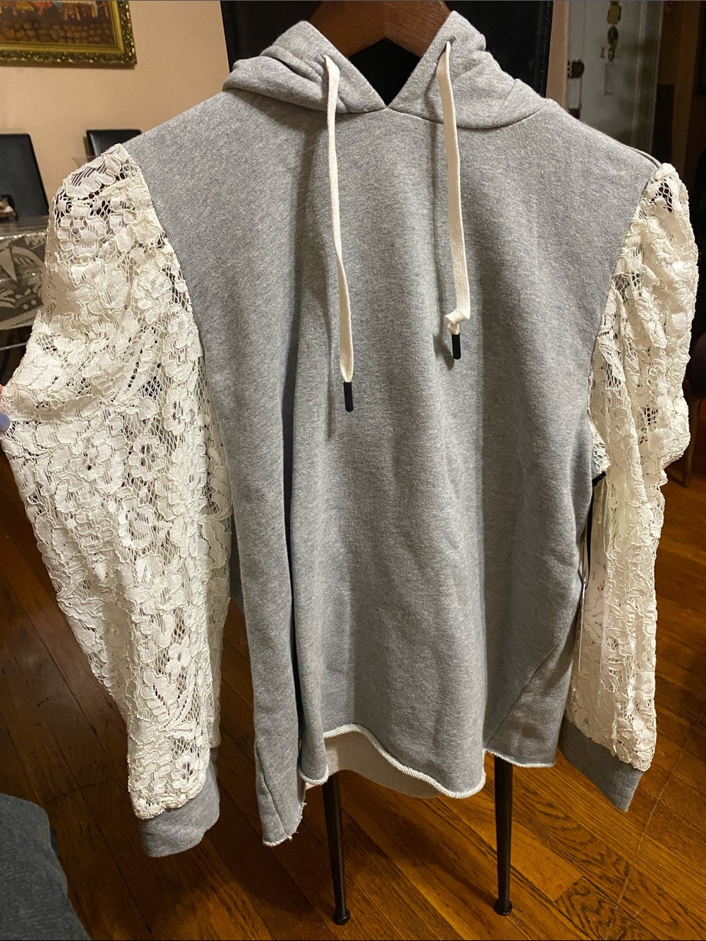 Gray Hoodie Top with Cream Lace Sleeves